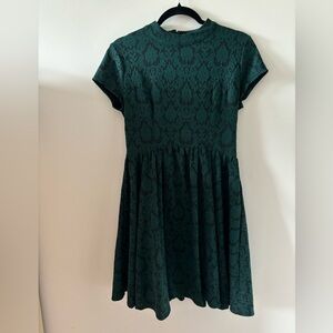 Xhilaration Women's Dark Green & Black Lace Look Dress Zip Back Button at Neck M